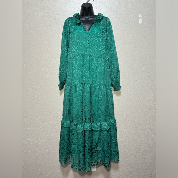 Anthropologie Marais Satin Maxi Dress Burnout Tiered Dark Green Size Small - Picture 4 of 9